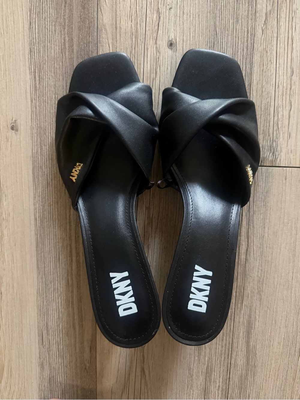 DKNY Black Twisted Strap Slide Mules